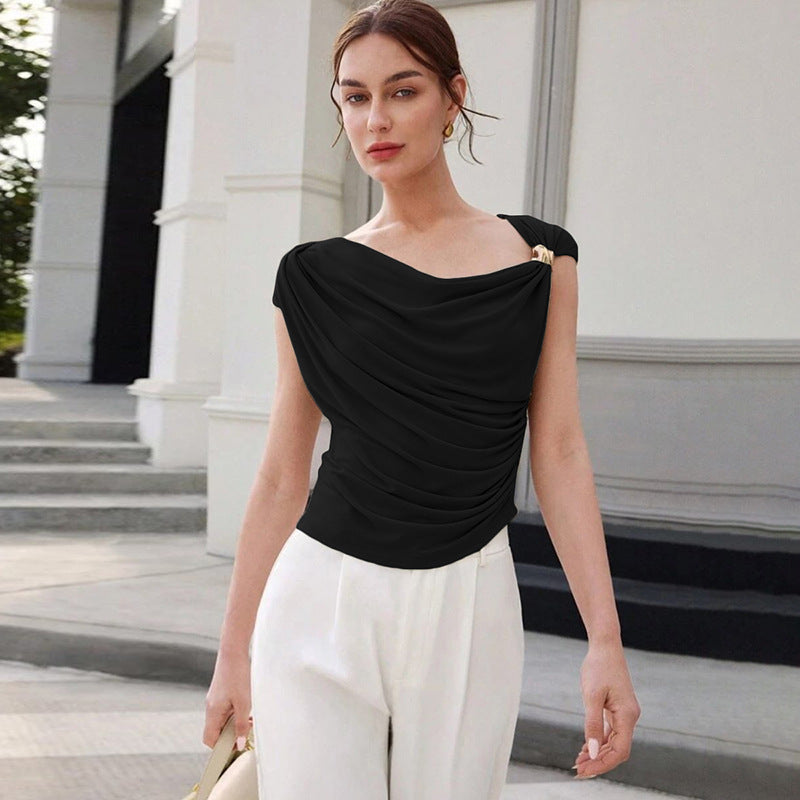 Summer Women Clothing Solid Color Simple Personality Diagonal Collar Sleeveless Cinched Slimming Pullover Women
