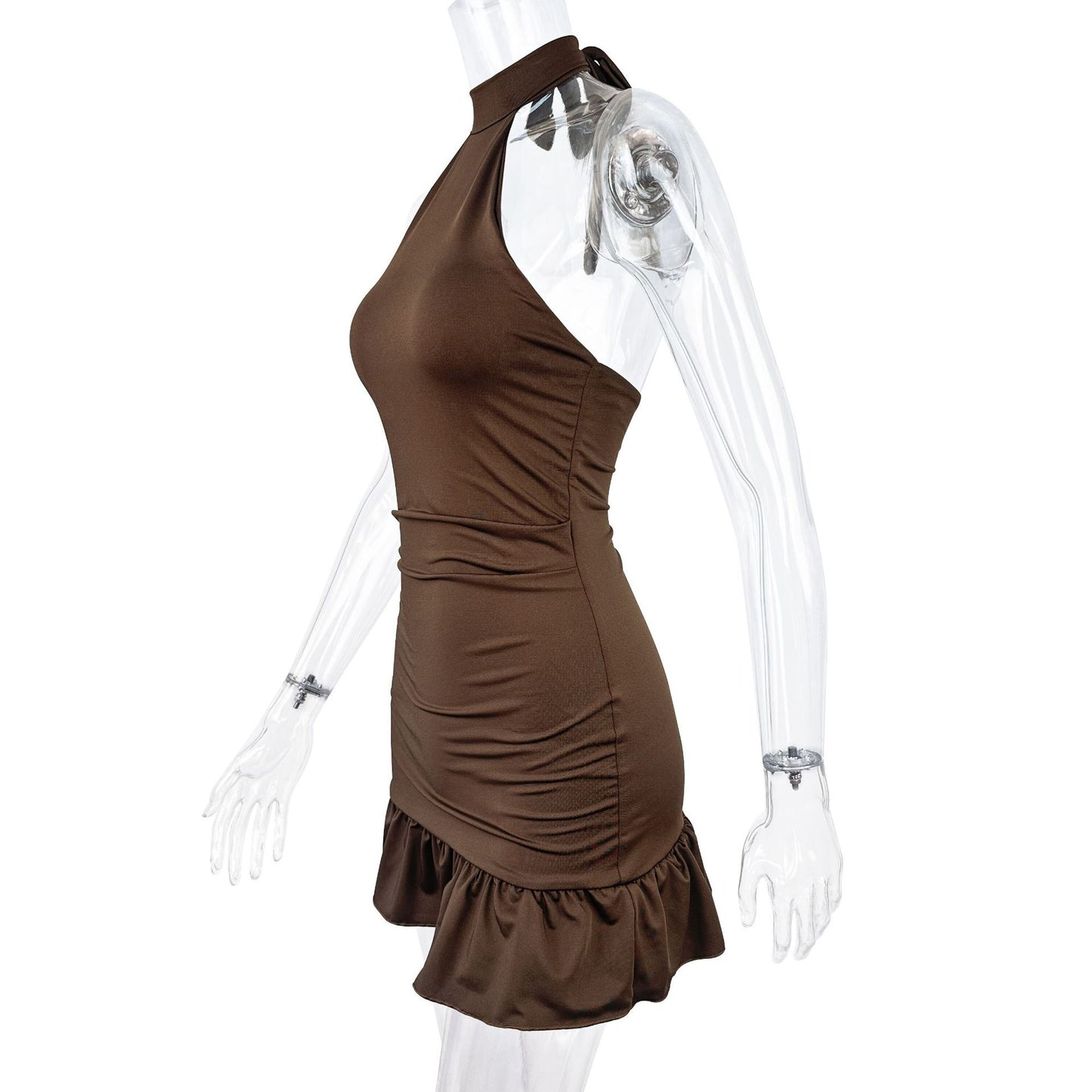 Summer Short Sleeve Sleeveless round Neck Dress Sexy Lace up Slim Fit Hip Lotus Leaf Short Dress