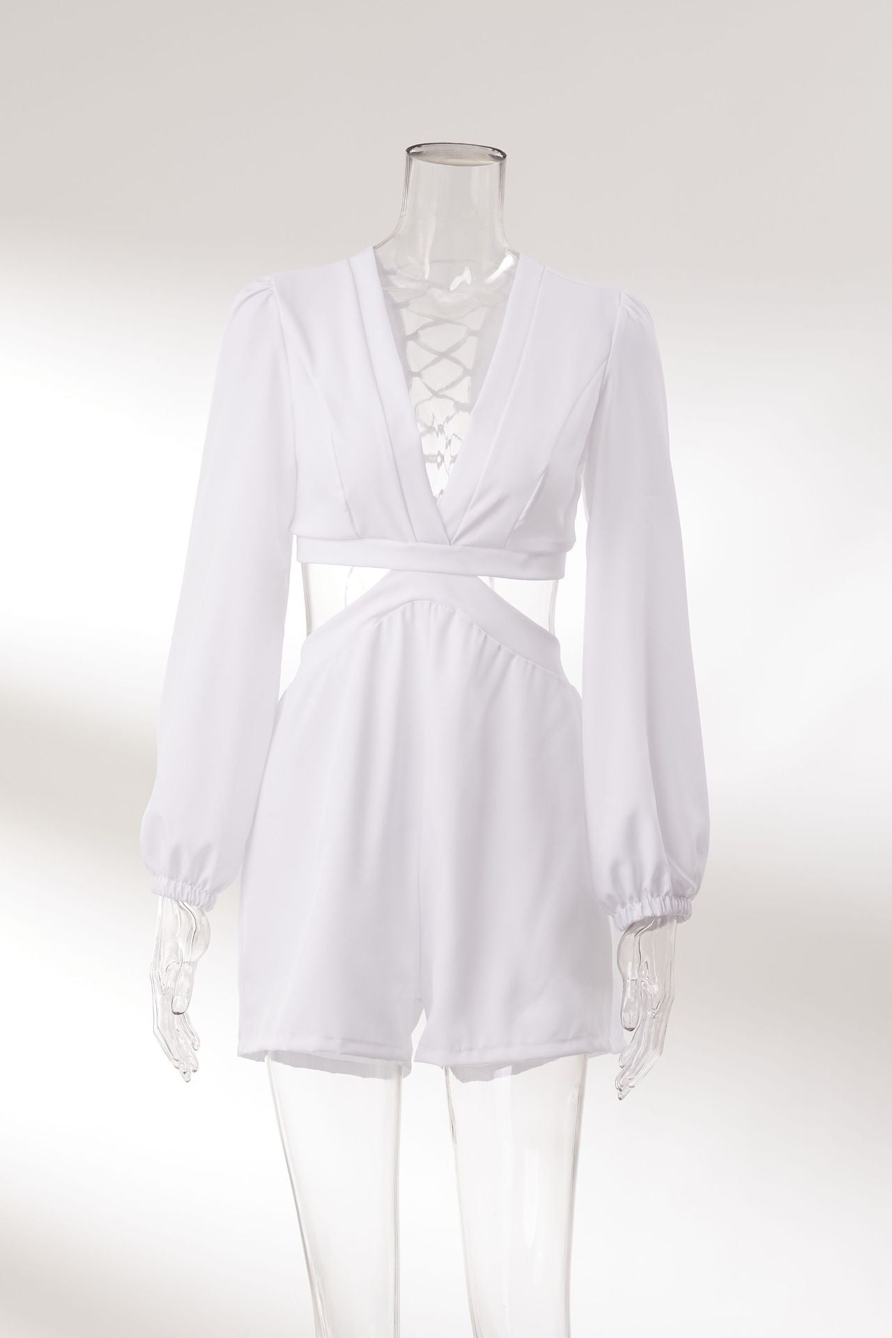 V neck Lace up Long Sleeved Jumpsuit Autumn Sexy Cutout Shorts