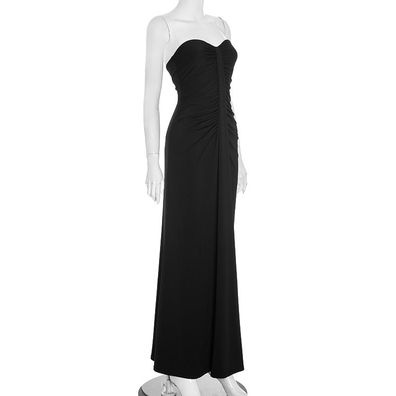 Women Clothing Autumn Arrival Solid Color Slim Fit Sweetheart Pleated Wrap Sleeveless Sleeve Length Dress