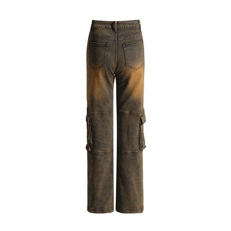 Casual Vintage Washed High Waist Slimming Stitching Design Pocket Straight Workwear Jeans