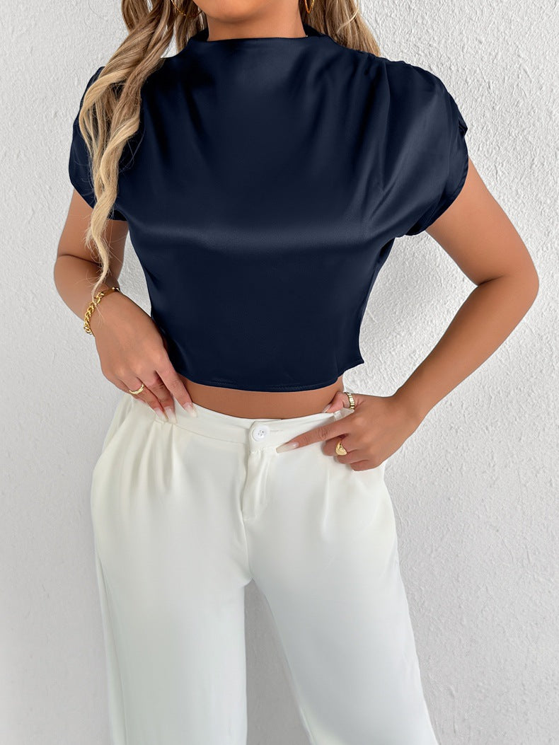 Real Shot Women Clothing High Sense Summer Satin Shirt Satin Shirt Short Sleeve Shirt