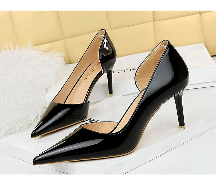 Simple Stiletto Heel Shiny Patent Leather Shallow Mouth Pointed Side Hollow Out Cutout High Heels Women Shoes