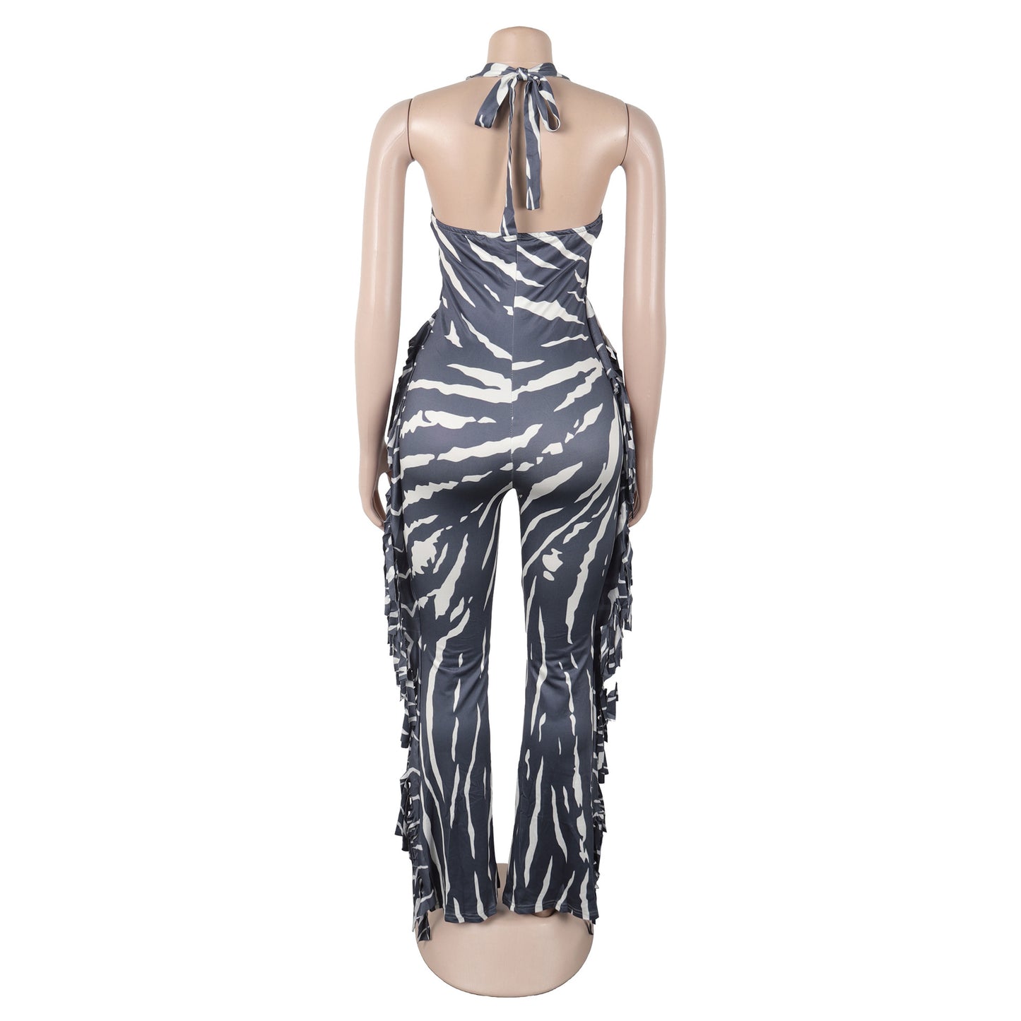 Elegant Sexy Slim Fit Stretch Backless Tassel Printed Halter Strap Micro Pull Jumpsuit