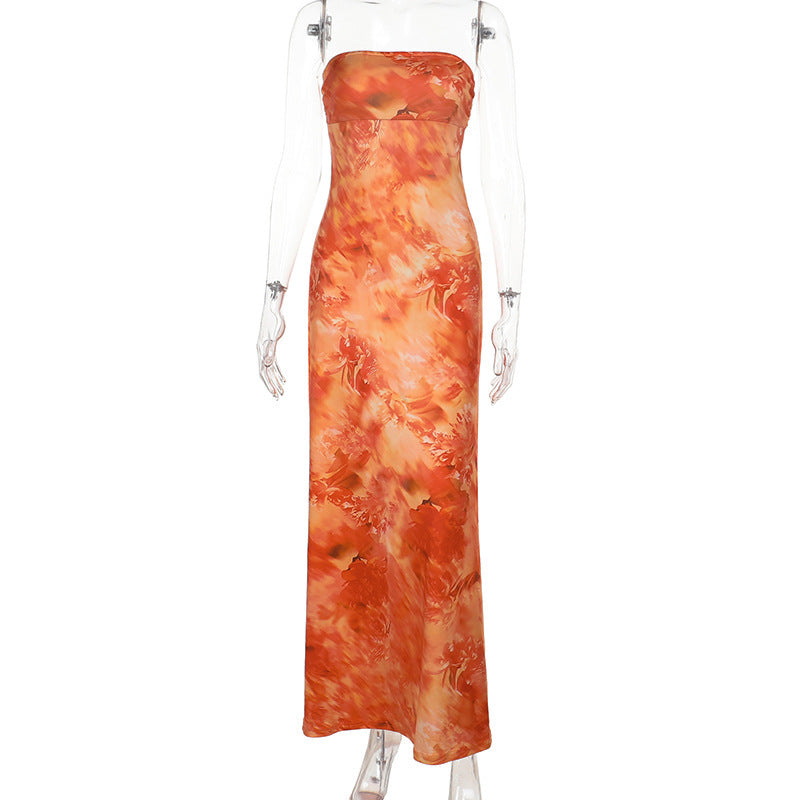 Strapless Dress Slim Fit Waist Controlled Slimming Printed Dress Vacation Dress