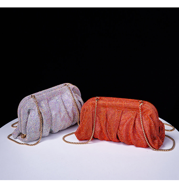 High Grade Diamond Studded by Hand Clutch Pleated Chain Rhinestone Cloud Clip Dinner Bag One Shoulder Crossbody Bag