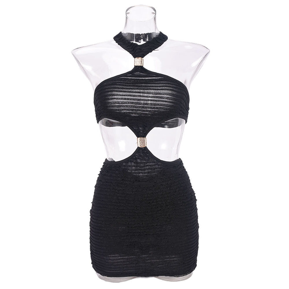 Spring Summer Cropped Outfit Hollow Out Cutout out Halter Wrapped Chest Metal Buckle Sexy Dress