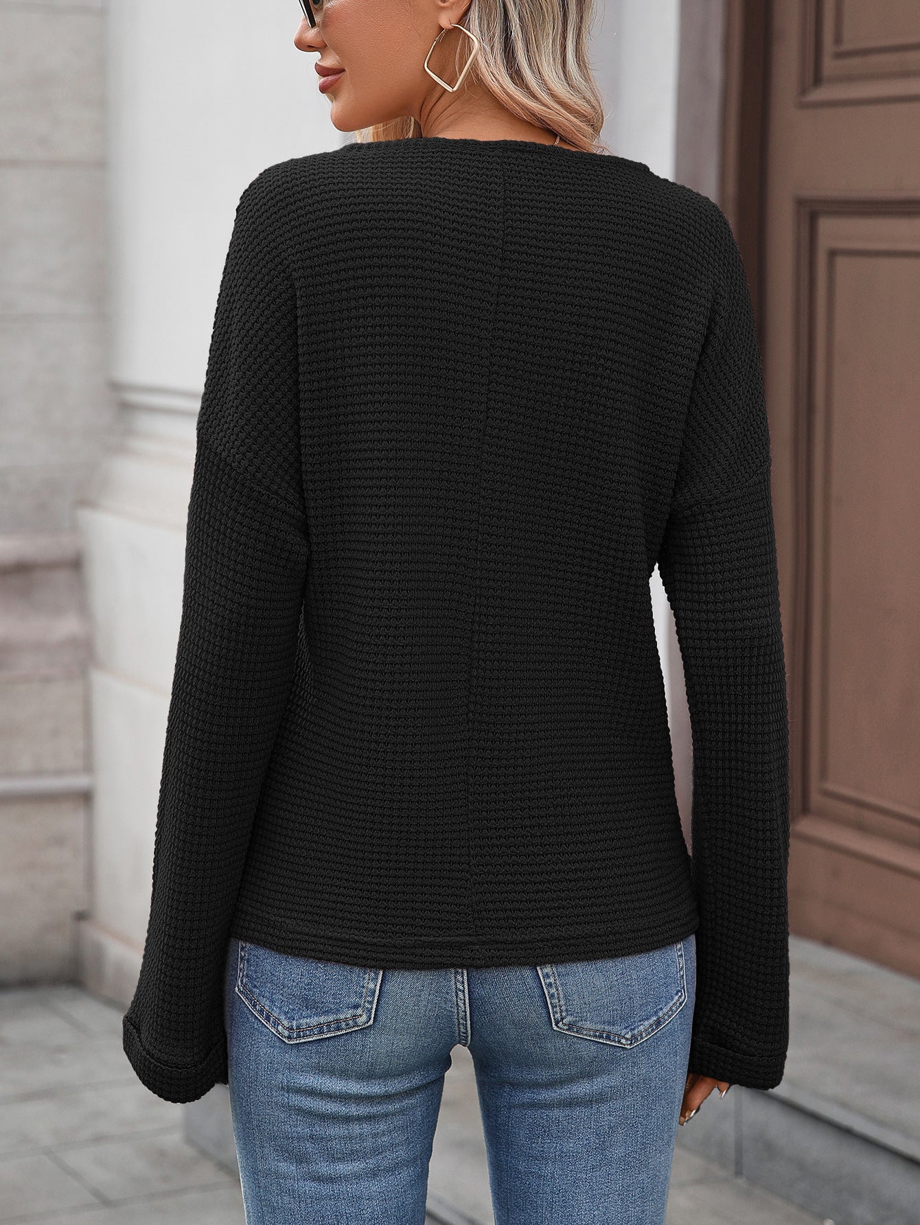 Women Clothing Season Autumn Striped Waffle Knitted Top T shirt Women