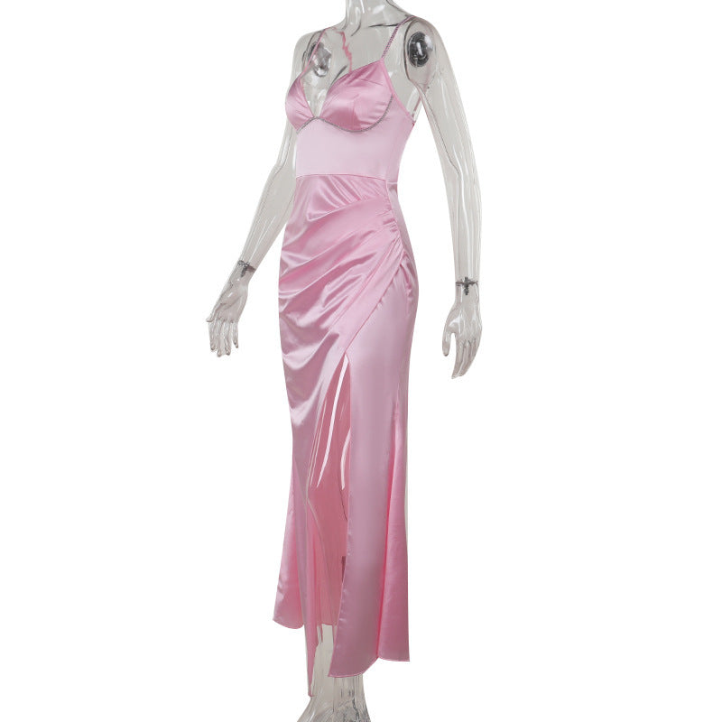 Autumn Slit Elegant Sexy Slim Drill Chain Strap Dress for Women