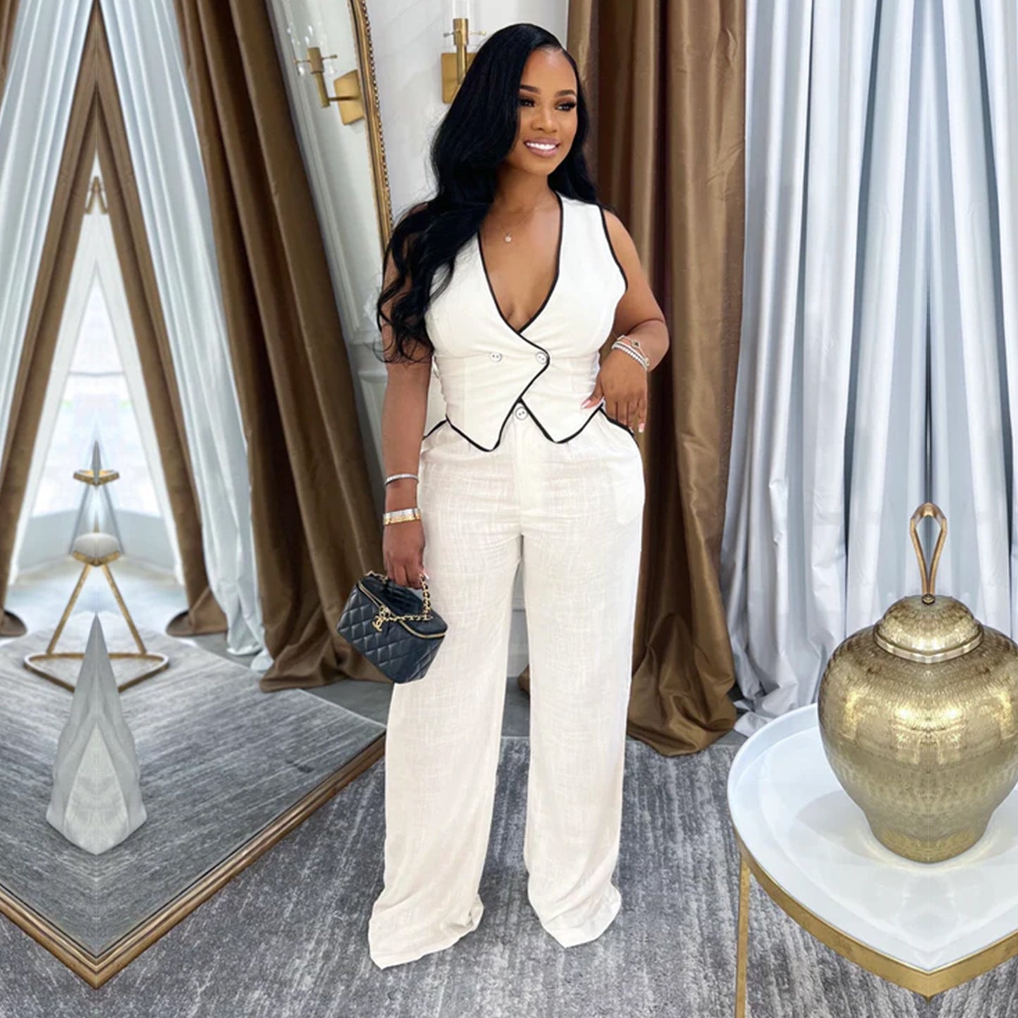 Women Wear Casual V neck Button Top Pants Two Piece Set