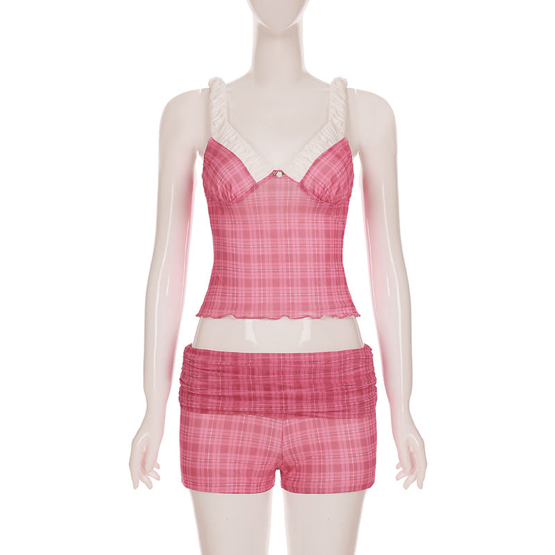Vacation Casual Plaid Contrast Color Chest Shape Pleated V neck Suspender Shorts Sexy Two Piece Sets