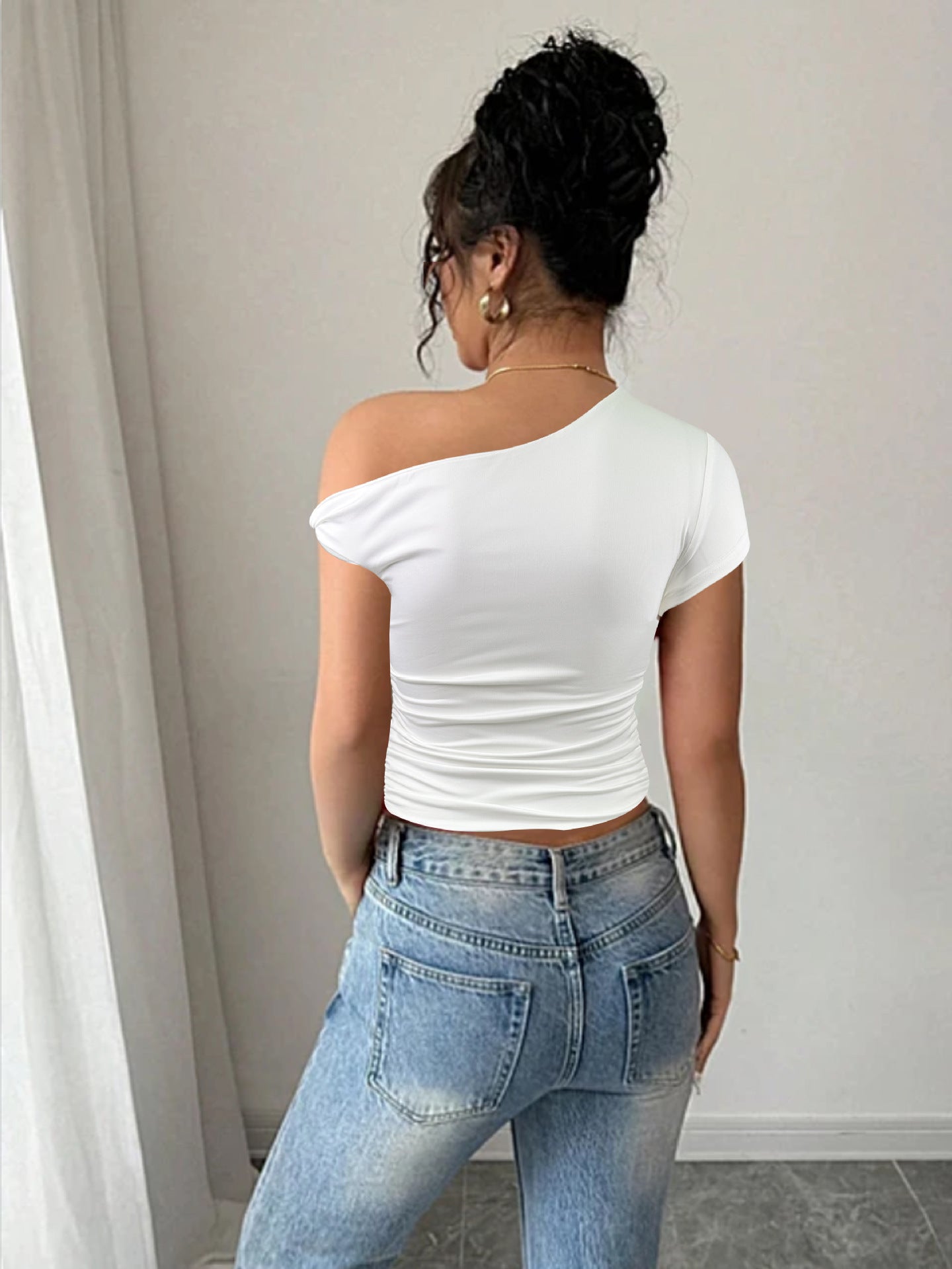 Summer Shoulder Collar Sexy Top Slimming Pleated Cropped Exposed Sexy Women Clothing