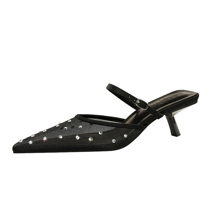 French Mesh Lace Pointed Toe Stiletto Toe Box Rhinestone Slippers Outer Wear Hollow Out Cutout Sexy Strap Half Slippers