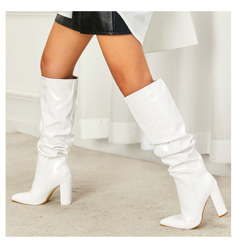 Summer plus Size Catwalk Show Patent Leather Natural Wrinkle Pointed Toe Chunky Heel Women High Heel Boots