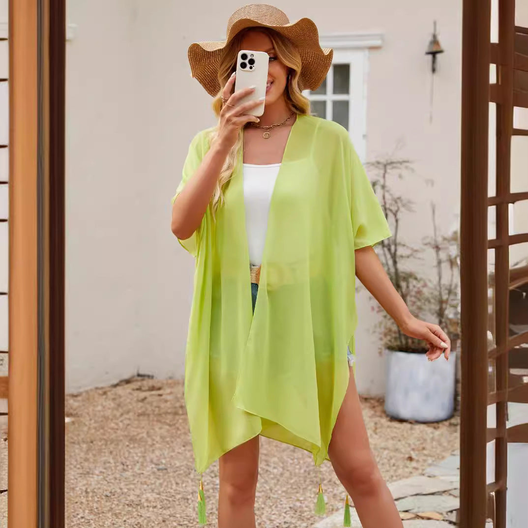 Seaside Blouse See Through Sexy Tassel Thin Cape Solid Color Travel Sun Protection Cardigan
