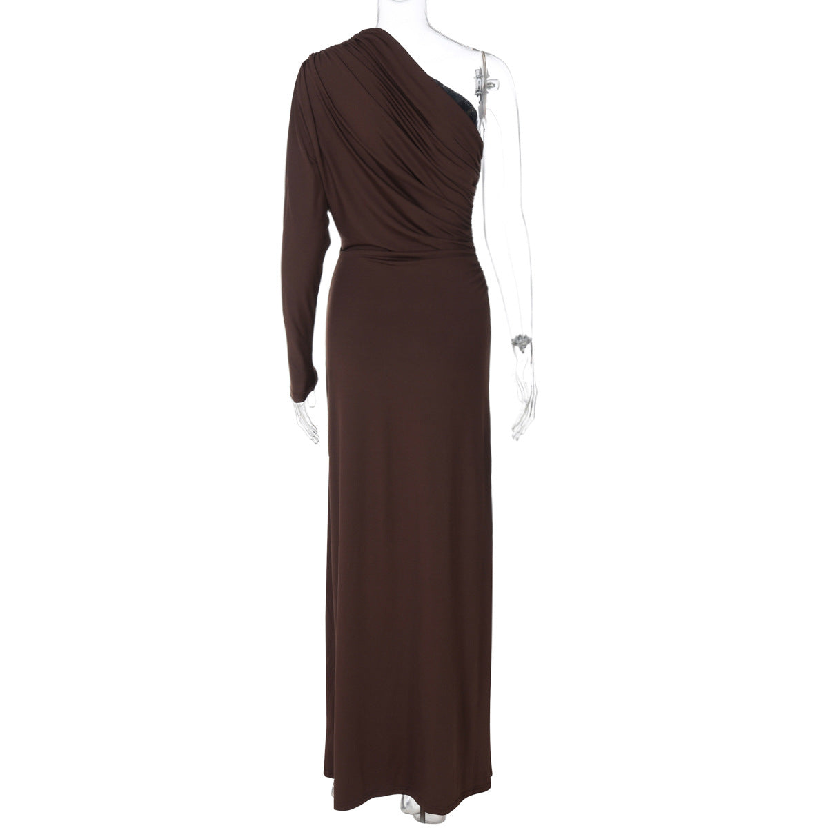 Women Clothing Autumn Fashionable Irregular Asymmetric off Shoulder Single Sleeve Pleated Maxi Dress