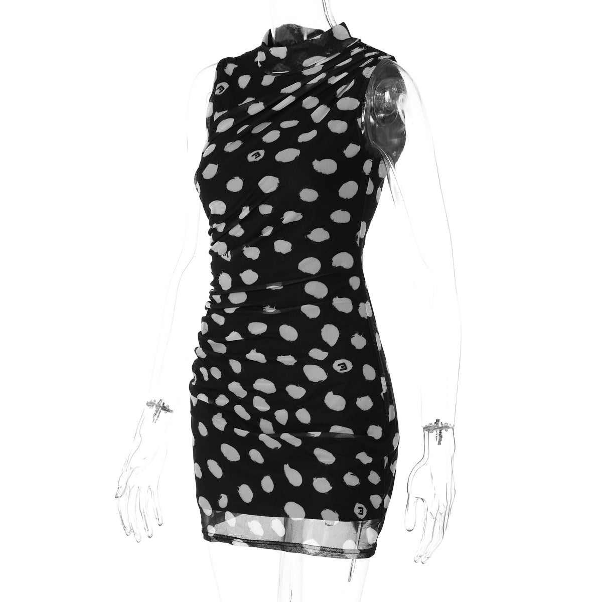 Women Half Turtleneck Sleeveless Mesh Polka Dot Print Faux Two Piece Skinny Slimming Sheath Dress