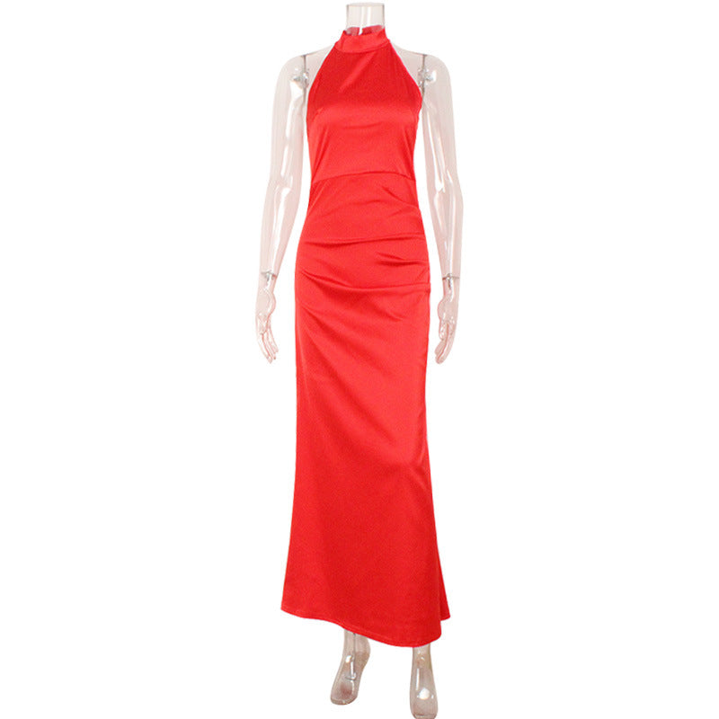 Elegance Sleeveless Halter Slim Fit Backless Satin Fashionable Simple Fishtail Hip Dress
