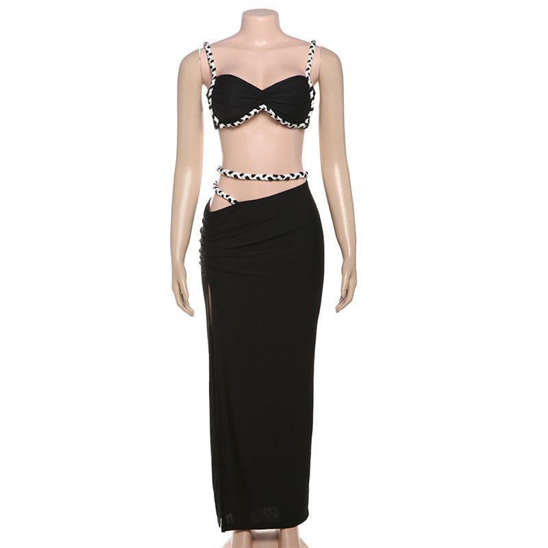 Spring Summer Women Clothing Cool Contrast Color Camisole Sexy Slim Side Slit Skirt Set