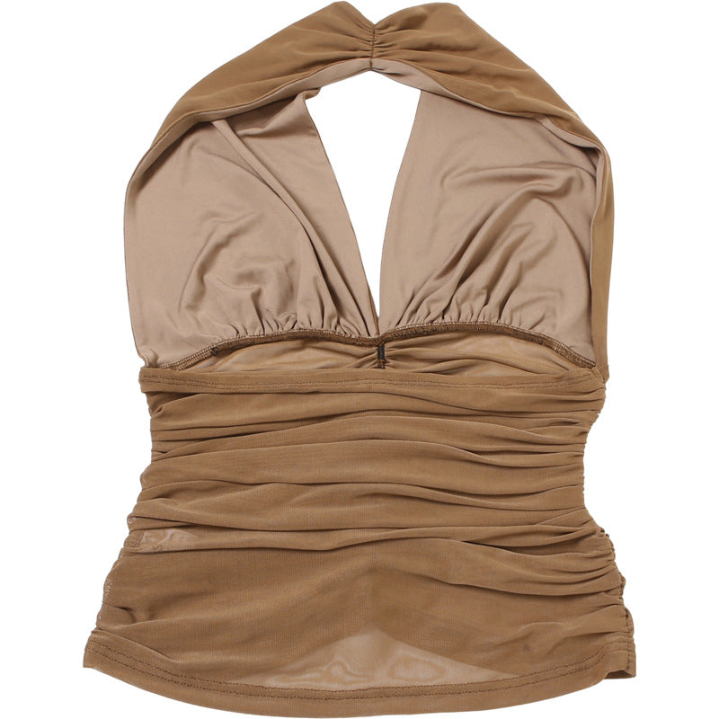 Summer Women Clothing Sexy V neck Halter Spaghetti Straps Vest Mesh Pleats Top for Women