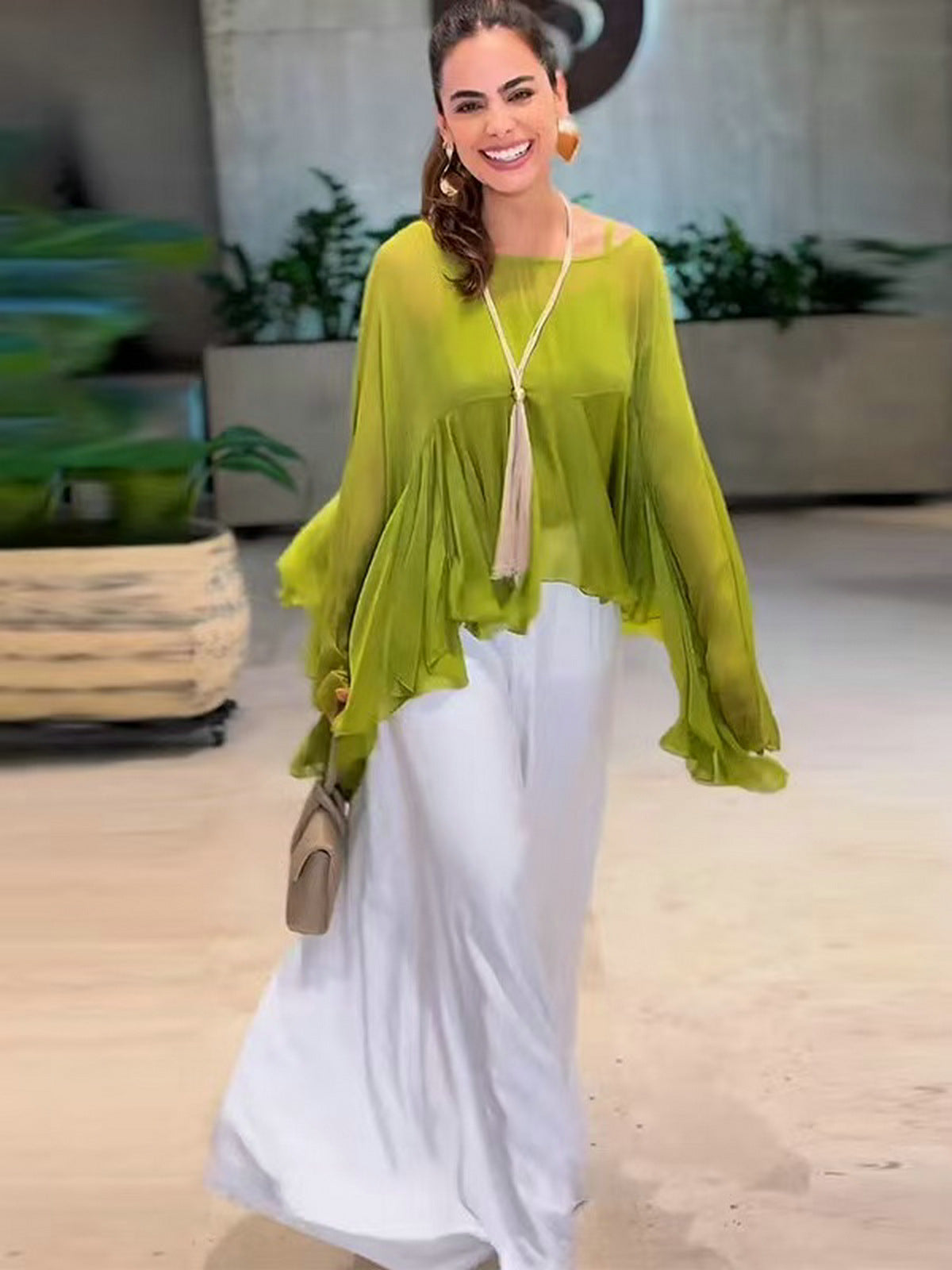 Women Clothing Ruffled Long Sleeve Casual Loose Simple Two Piece Sets