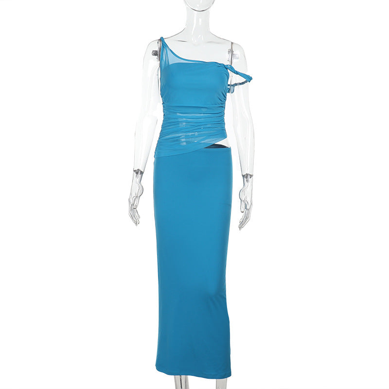 Crossbody Twisted Mesh Stitching Dress Summer Solid Color Women Clothing