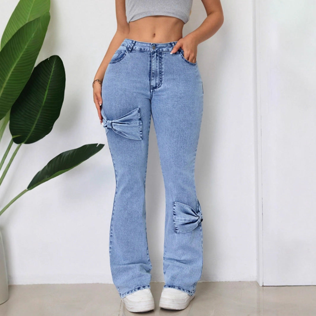 Women Clothing Washed High Waist Bootcut Trousers Denim Trousers