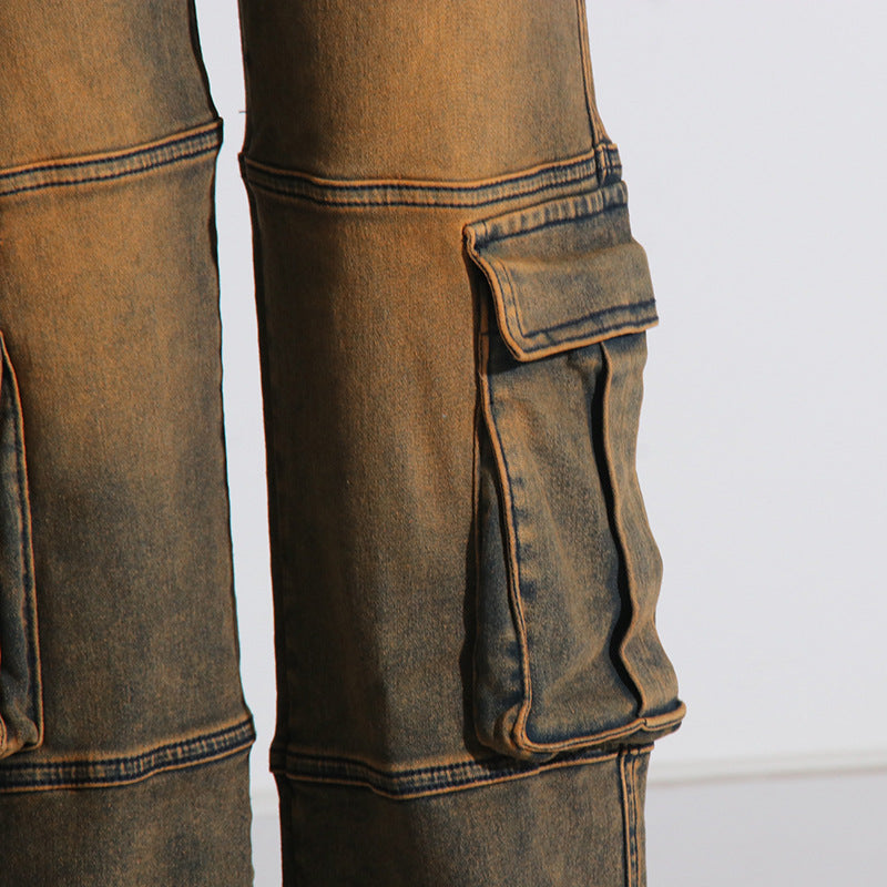 Casual Vintage Washed High Waist Slimming Stitching Design Pocket Straight Workwear Jeans