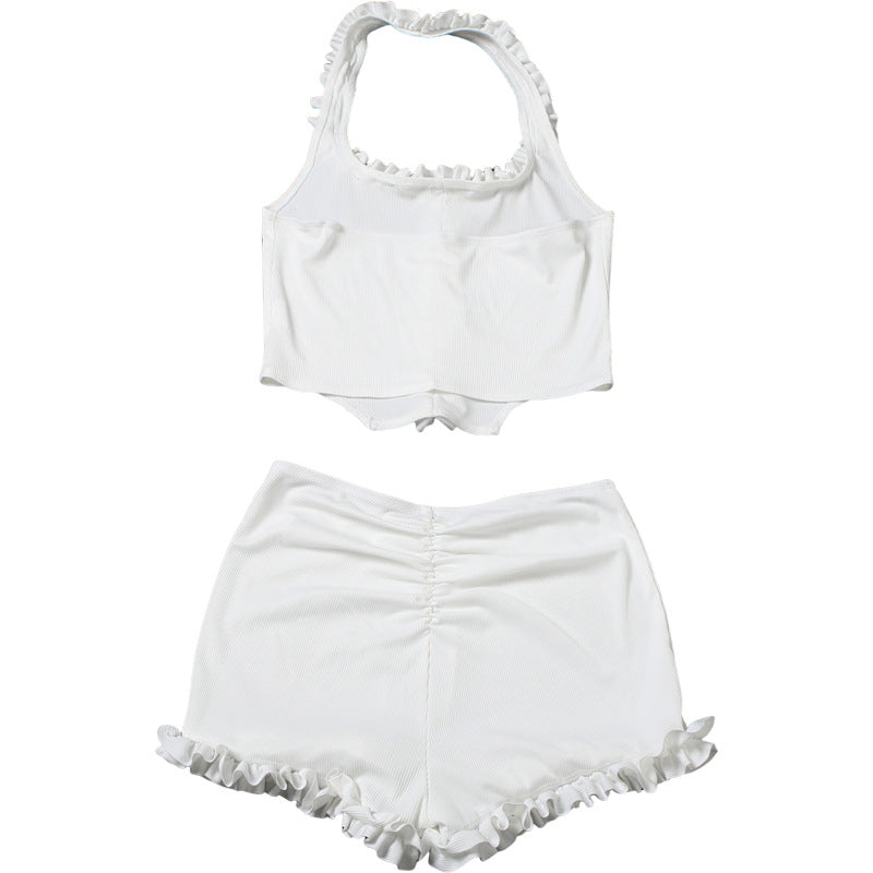 Spring Summer Women Clothing Solid Color Sexy Ruffles Halterneck Vest Slim Fit Base Shorts Two Piece Set