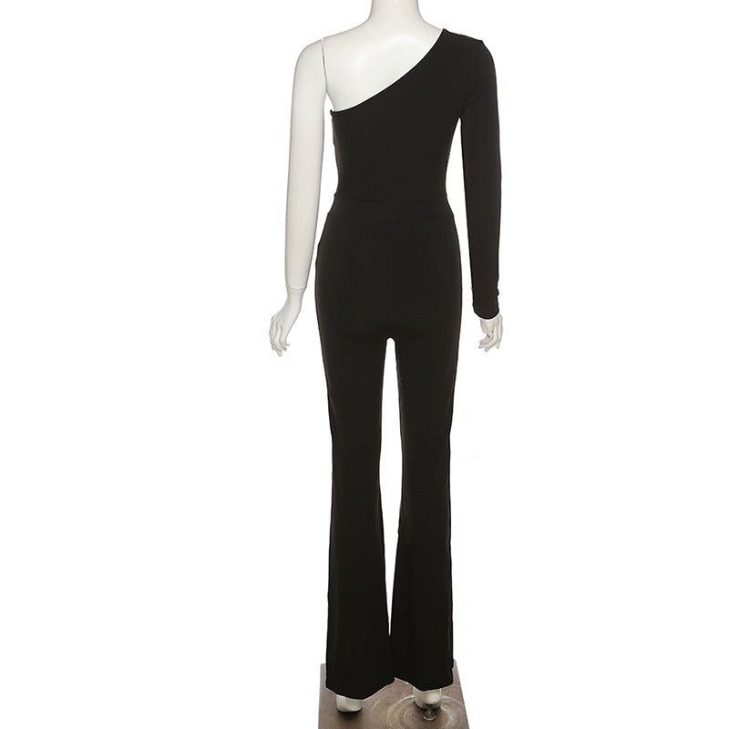 Fall Women Clothing Shoulder Long Sleeve Sexy Mesh Stitching Micro Pull Jumpsuit Women