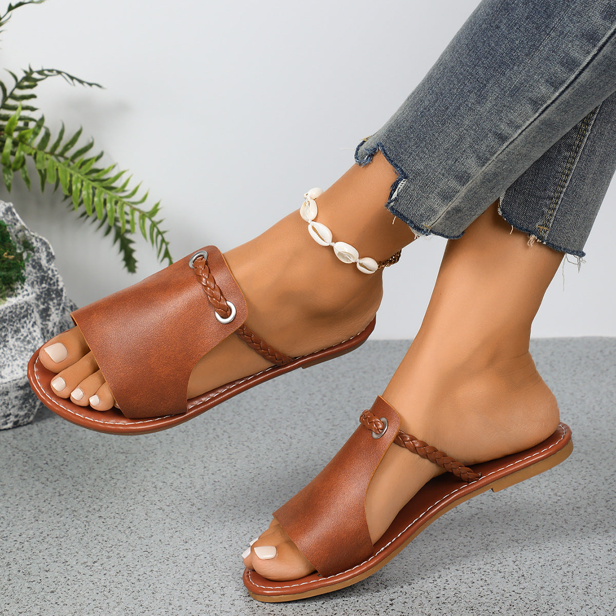 Plus Size Knitted Belt Peep Toe Slippers Women Solid Color Outerwear Word Beach Slippers