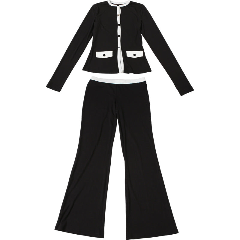 Women Clothing Autumn Personality round Neck Button Contrast Color Cardigan Long Sleeve High Waist Slim Trousers Two Piece Sets