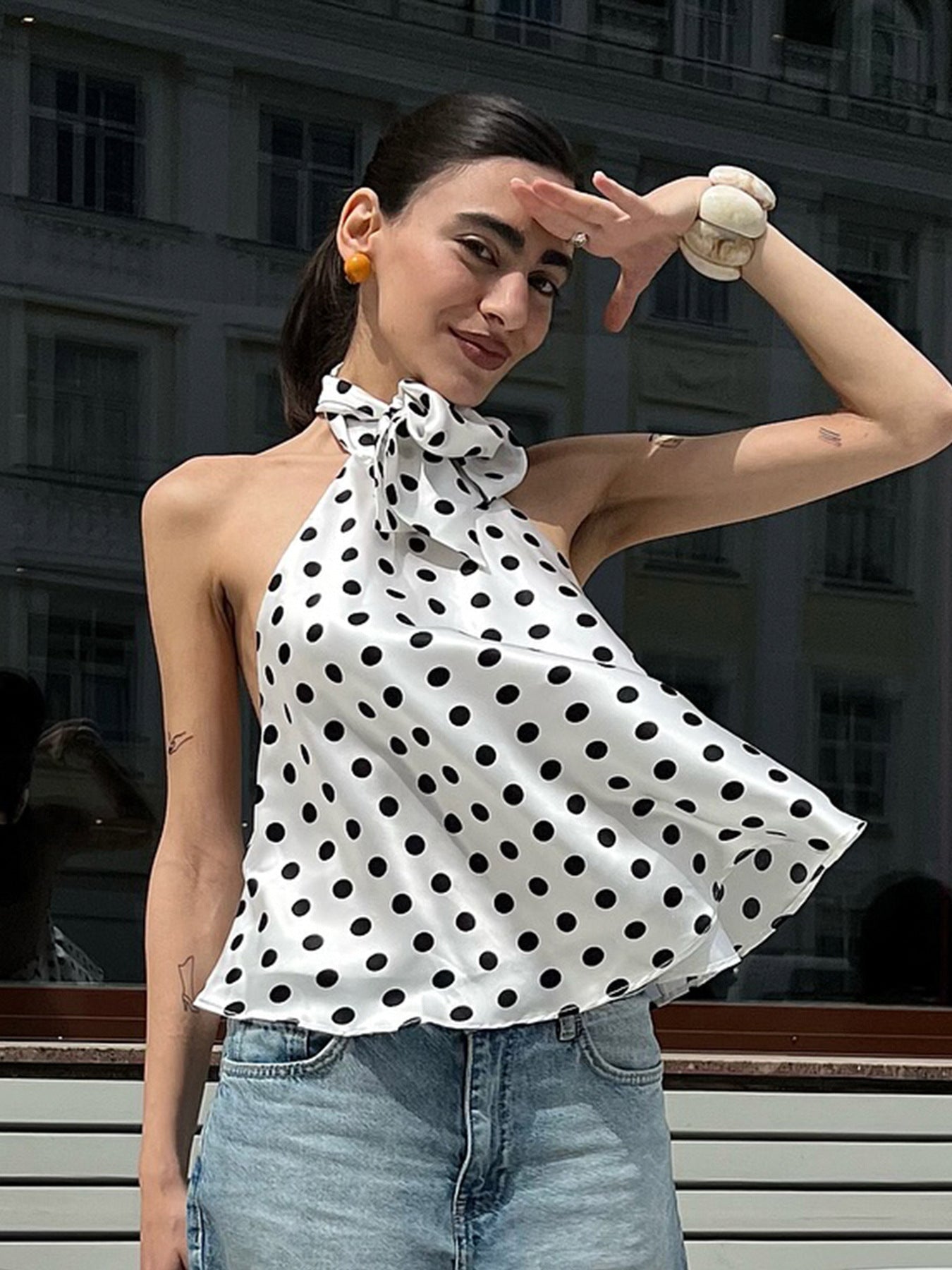 French Elegant Bow Halter Sexy Satin Vest Sexy Polka Dot Irregular Asymmetric Spaghetti Strap Backless Top