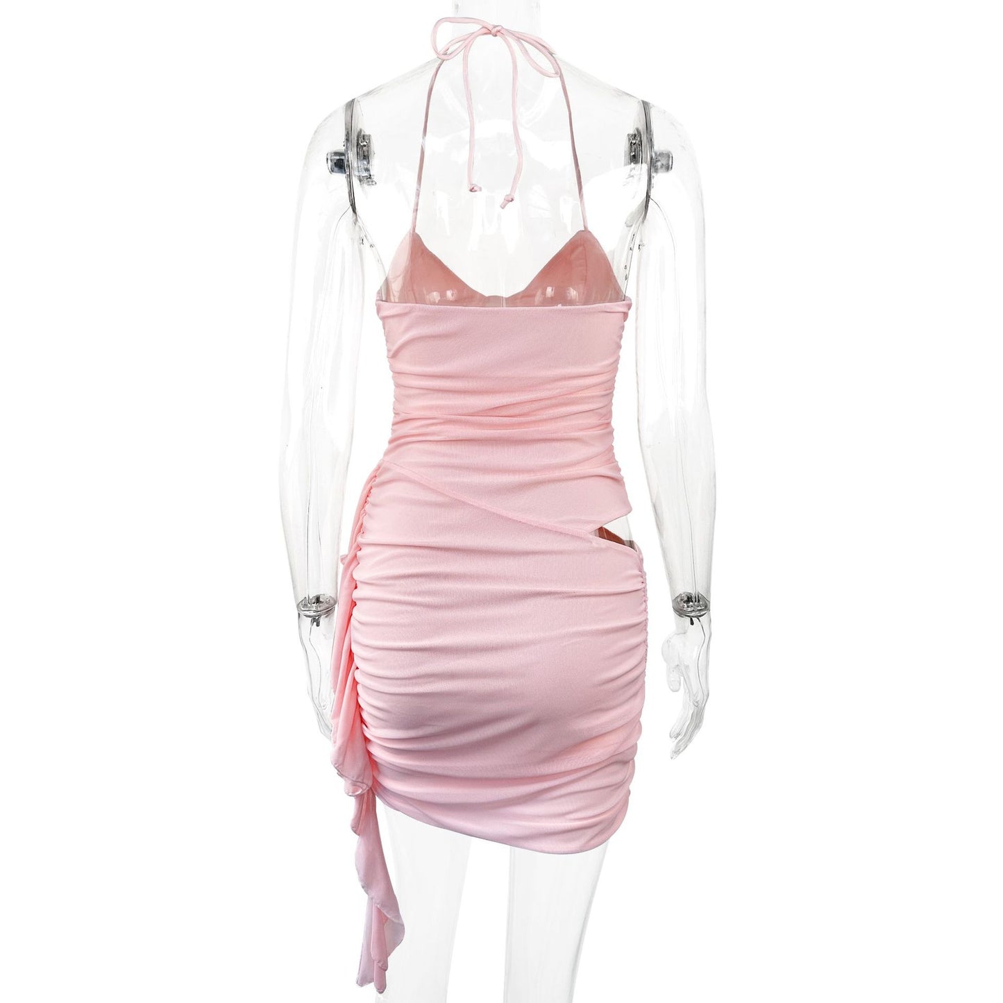 Summer Women Clothing Sexy Solid Color Tied Halter Mesh Women Short Dress