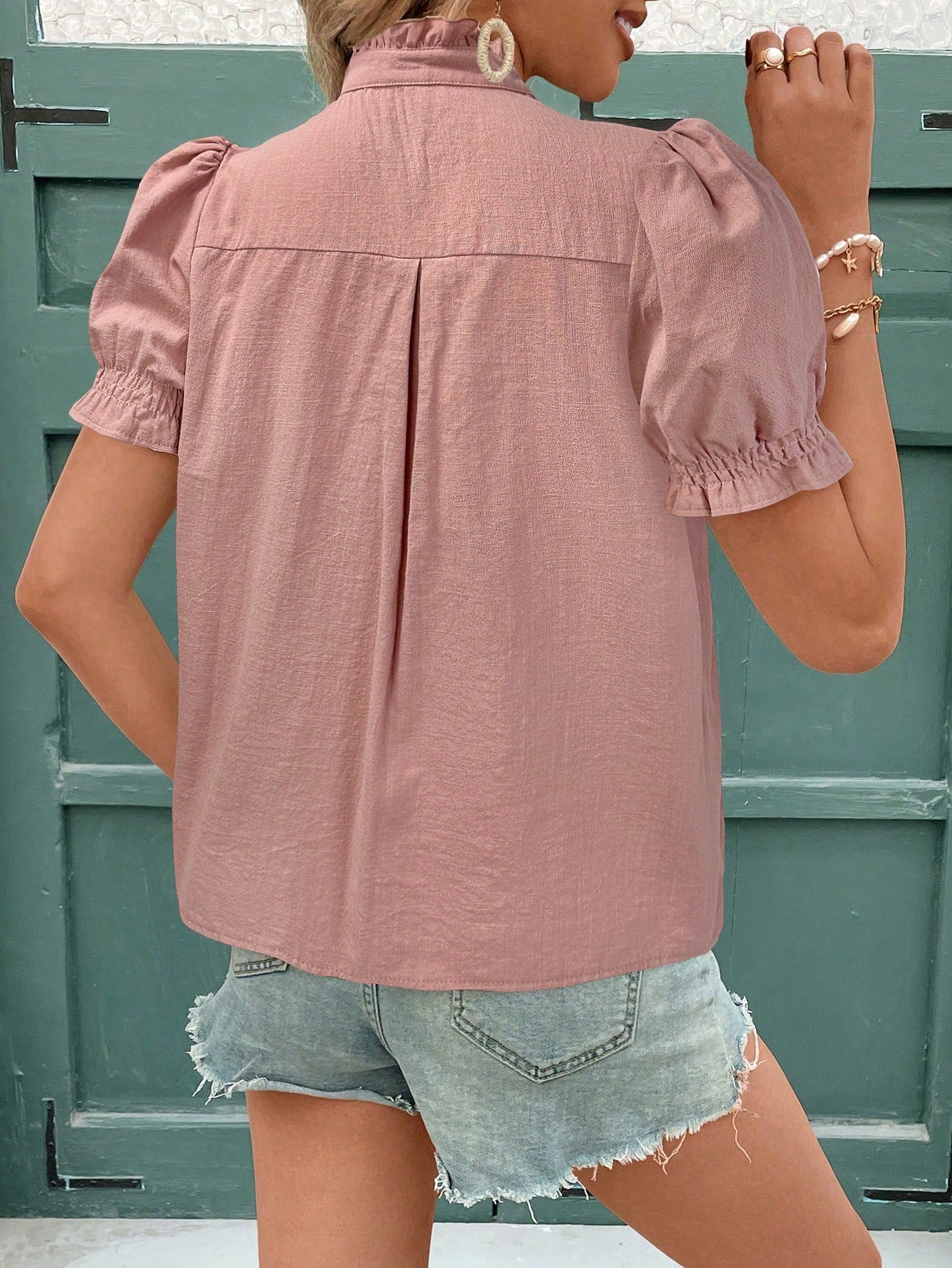 Spring Summer Cotton Embroidered Cardigan with Buckle Puff Short Sleeve T shirt Women