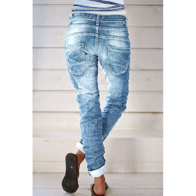 Ripped Denim Drawstring Elastic Waist Washed Women Casual Pants Tide
