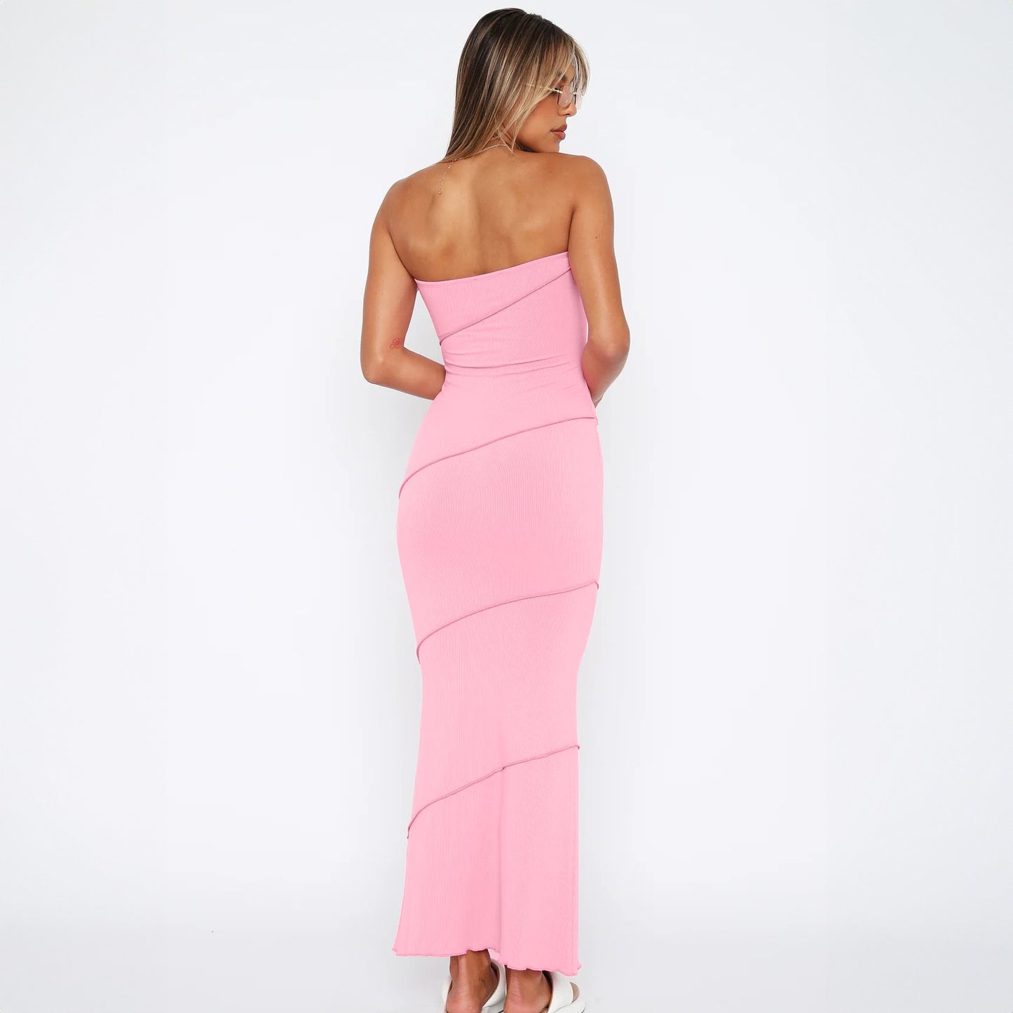 Women Clothing Summer Wrapped Chest Striped Solid Color Sunken Stripe Sleeveless Slim Fit Dress