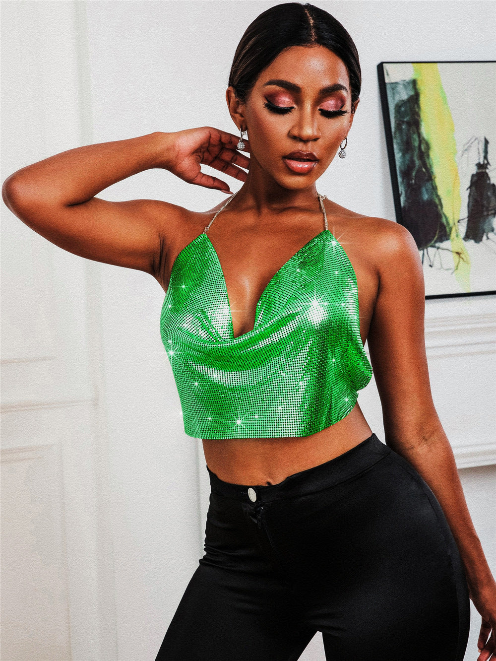 Summer Sexy Metal Sequ Backless Halter Sling