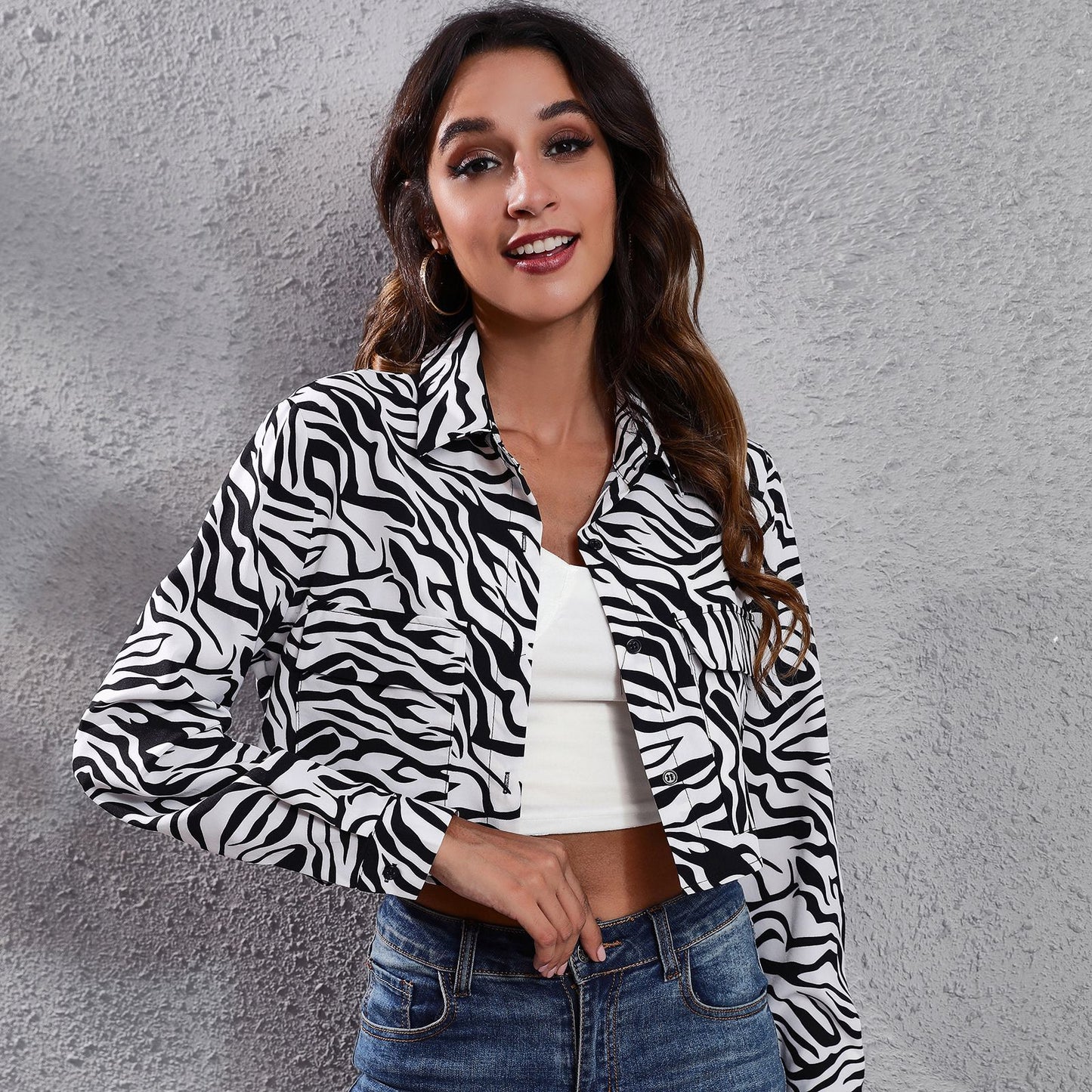 Plaid Zebra Print Pocket Long Sleeve Shirt Cropped Top Thin Outerwear Women Women Clothing Outerwear