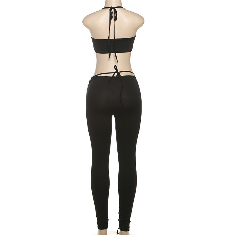 Women Sexy Lacing Vest Street Lace up Trousers Two Piece Set