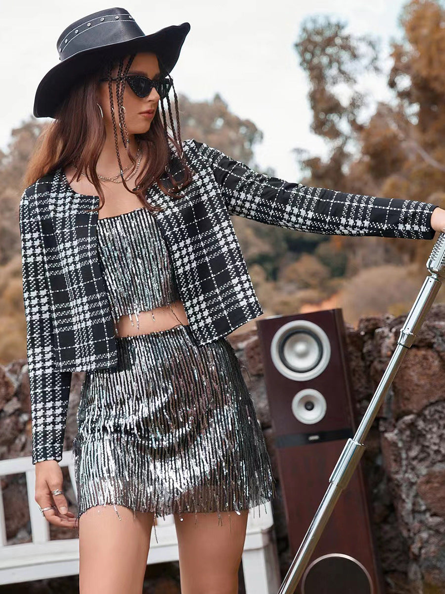 Self Developed Designed Spring Autumn Casual Lattice Knitwear Long Sleeve Short Coat