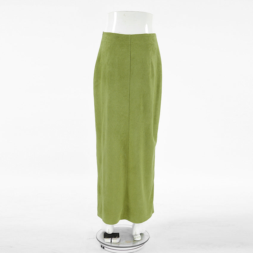 Retro Green Suede Split Straight High Waist Skirt Autumn Brushed Velvet Slim Fit Skirt