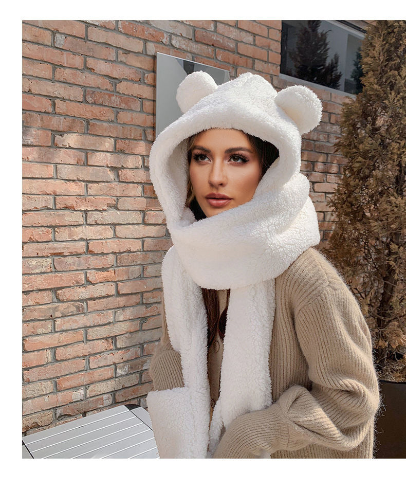 Scarf Hat Integrated Plush Belt Ear Hat Scarf Autumn Winter Warm