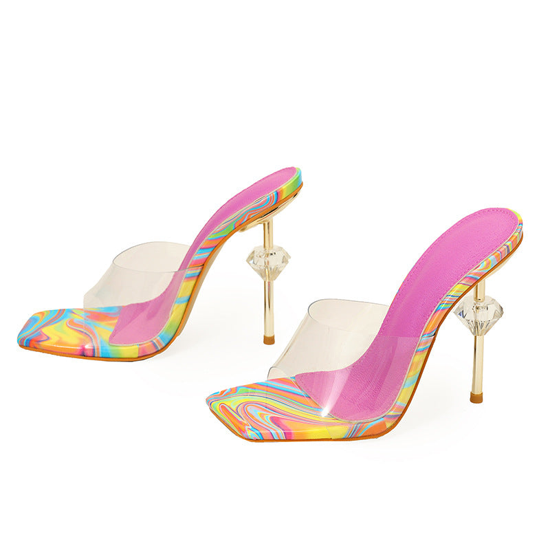 Ladies Heels Spring Summer Casual Comfortable Street All Match Color Diamond Women High Heel Slippers
