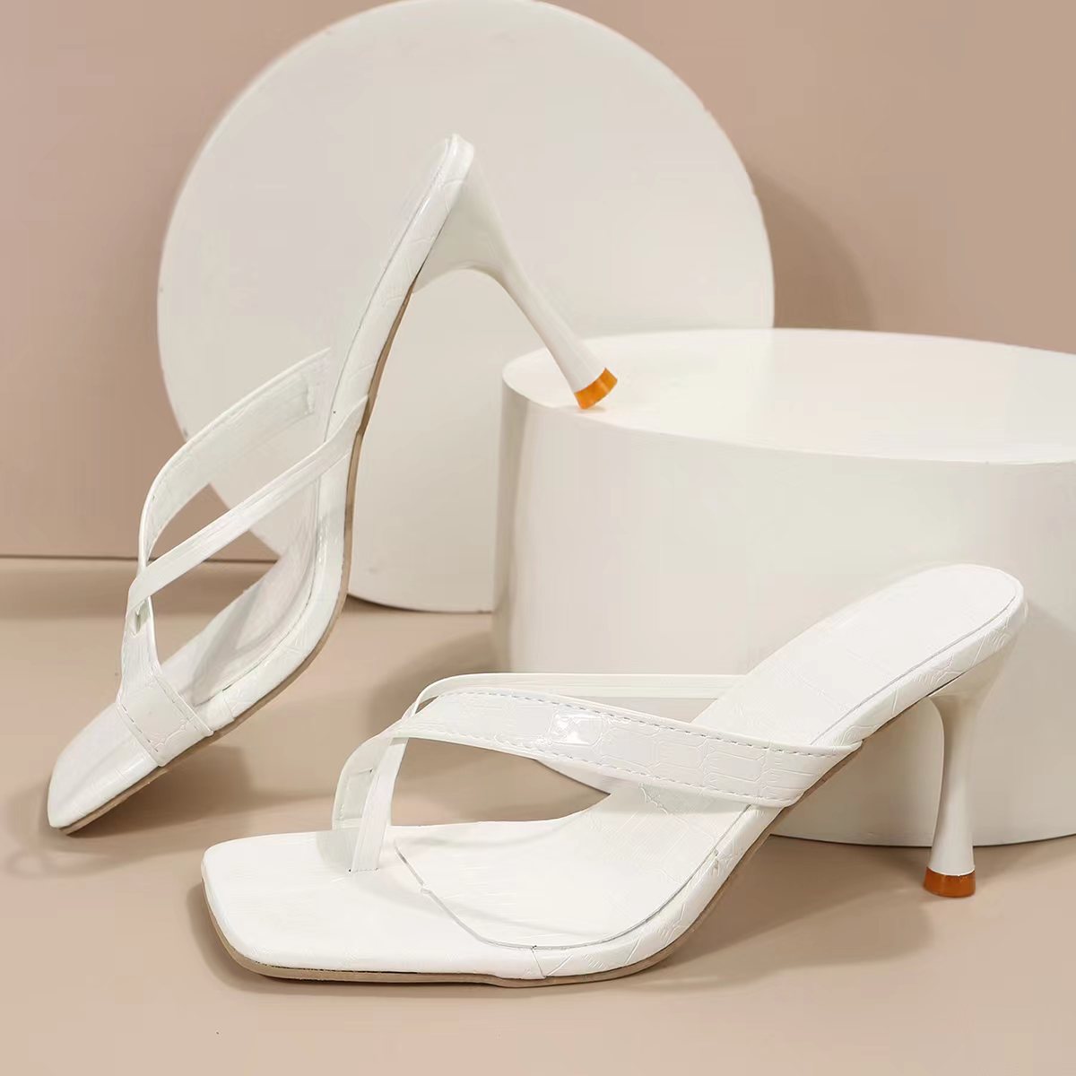 High Heel Flip Flops Women Sub Pattern Square Toe Stiletto Heel Sandals