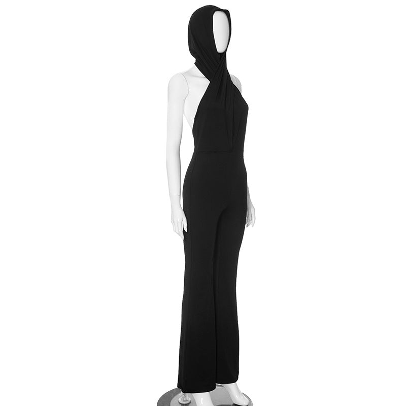 Black Backless Hooded Jumpsuit Women Clothing Sexy Design