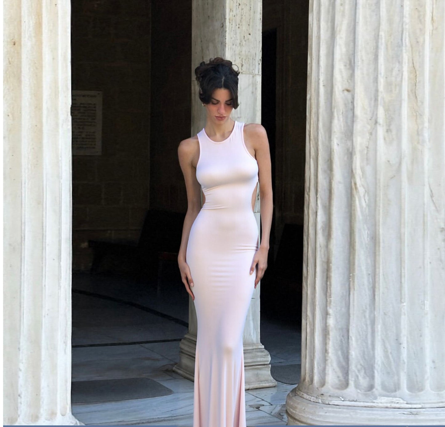 Women Clothing Fall round Neck Solid Color High Waist Hollow Out Cutout out Bow Decoration Sheath Dress