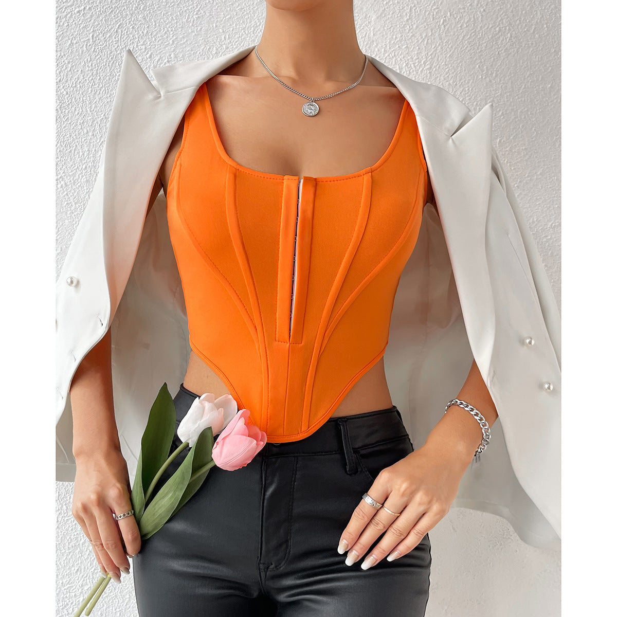 Street Sexy Backless Solid Color Sling Sexy Breasted Boning Corset Waist Tied Vest