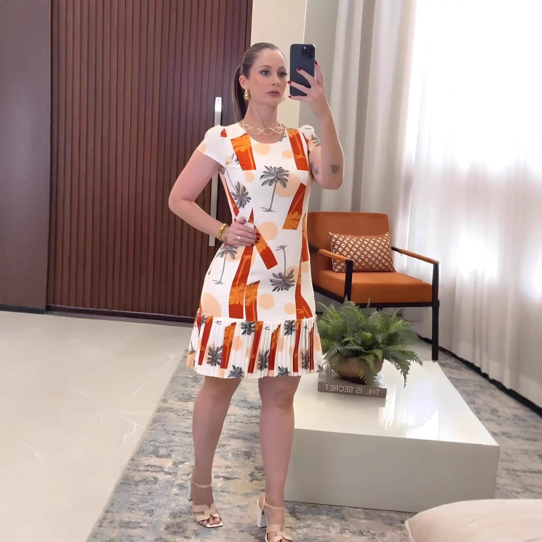 Women Printed Pleated Short Sleeve Slim Fit Dress