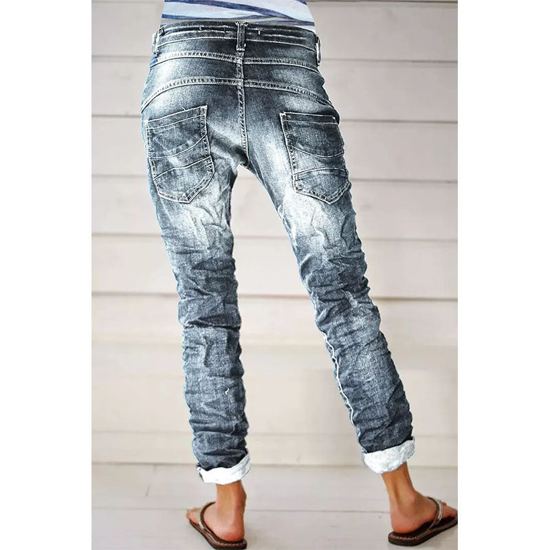 Ripped Denim Drawstring Elastic Waist Washed Women Casual Pants Tide